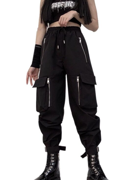 Pants - Black Cargo Pants Women Loose Chained Multi-Pocket Multi-Zip Punk Goth Pants